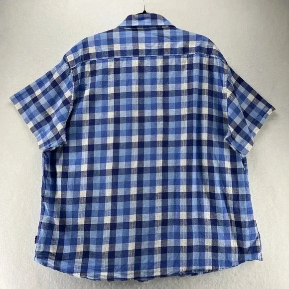 English Laundry Shirt Mens XXL Gingham Button Up Short Sleeve Linen Cotton Blue - Picture 2 of 11